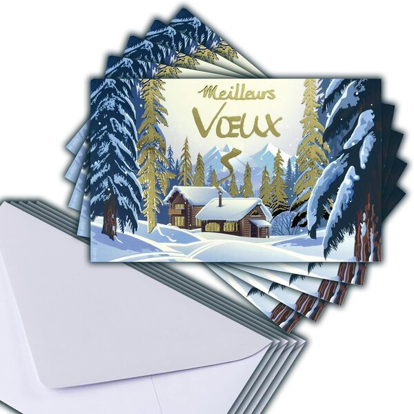 Lot 5 cartes meilleurs vœux doré brillant + 5 enveloppes blanches format 14x9cm