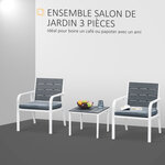 Salon de jardin 2 places 3 pièces style yachting coussins inclus métal époxy blanc HDPE imitation nois gris