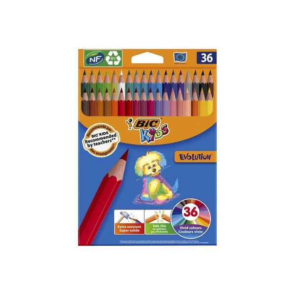 BIC Kids Evolution ECOlutions Crayons de Couleur - Coloris Assortis, Coloris Assortis, Etui Carton de 36