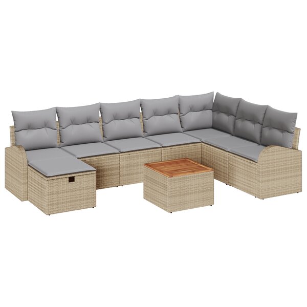 Ensemble de Canapé de Jardin 9 pièces avec Coussins Beige en Rattan Poly