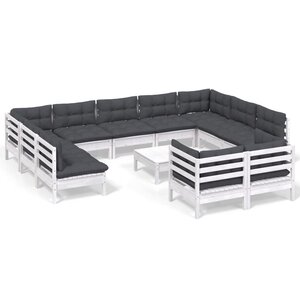 vidaXL Salon de jardin 12 Pièces avec coussins blanc bois de pin solide