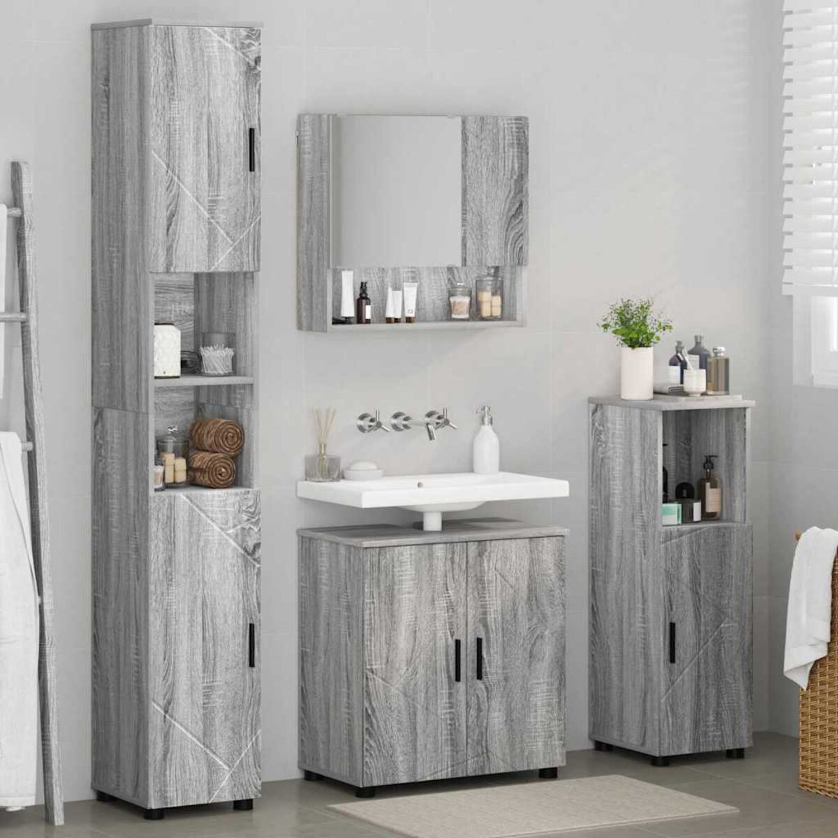 Armoire Salle De Bain Gris Sonoma 30x30x100 Cm - Bois D'ingénierie, 2 Portes, étagère Ouverte