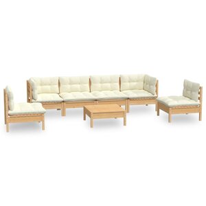 Salon de jardin meuble d'extérieur ensemble de mobilier 7 pièces avec coussins crème bois de pin massif 02_0017174