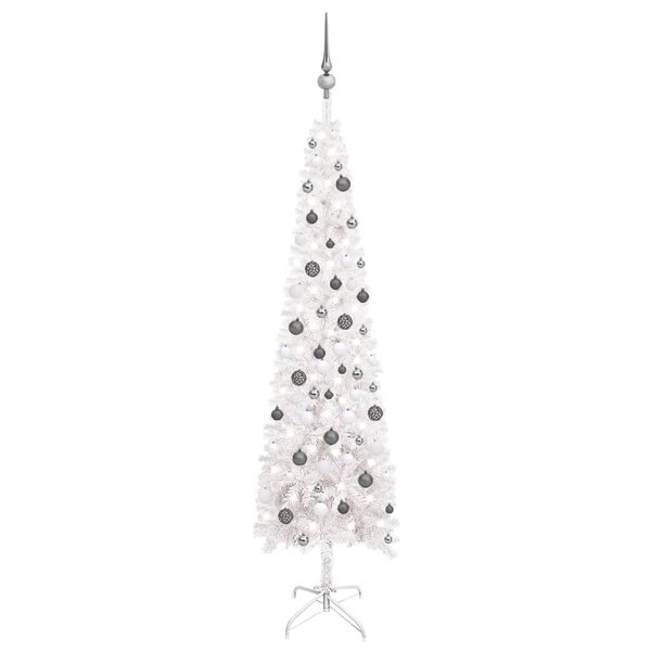 Vidaxl arbre de noël mince avec led et boules blanc 210 cm