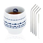 Tasse Nara porcelaine avec motifs bleus + 4 pailles en inox