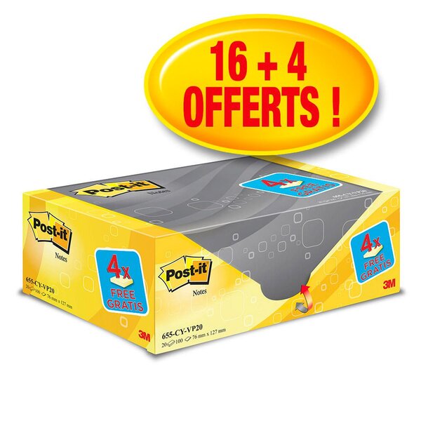 Pack Avantage de 20 Blocs de notes adhésives Classiques - 76 x 127 mm - Couleur : Jaune  (paquet 20 blocs)