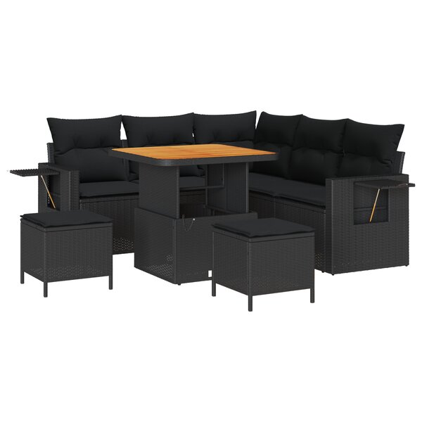 Ensemble de canapé de jardin de 8 pièces avec coussins en rotin poly noir Acacia