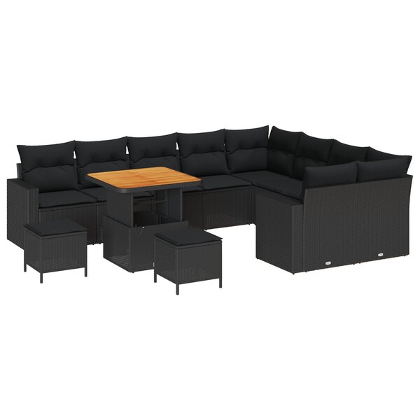 vidaXL Canapés de jardin 12 pièces avec coussins en poly rotin noir et acacia.