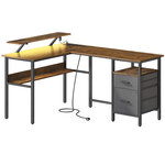 Bureau en l avec multiprise bureau d’angle bureau informatique avec rehausseur d’écran bureau gaming led 2 tiroirs 2 ports USB facile à monter pour bureau marron 12_0004626