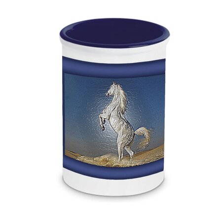 Pot à stylos en céramique cheval fond bleu