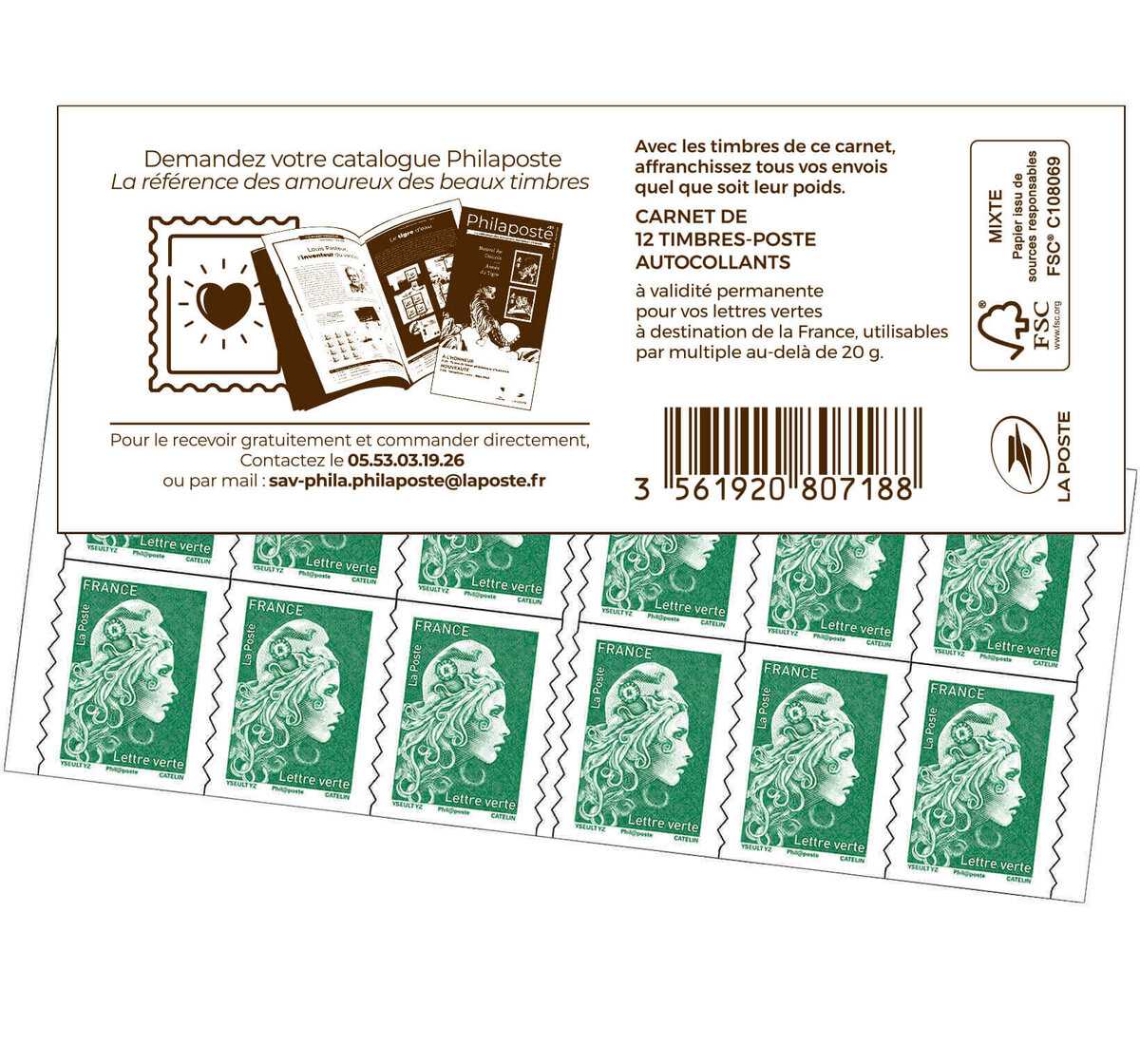 Carnet 12 timbres Marianne l'engagée - Lettre Verte - Couverture Catalogue  Philaposte - La Poste