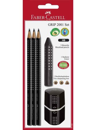Kit crayon Grip 2001 3 x B + gomme + Taille-crayons Noir FABER-CASTELL