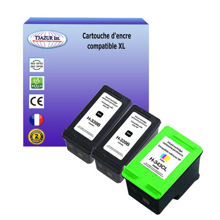 2+1 Cartouches compatibles avec HP PhotoSmart 8000, 8030, 8038, 8049, 8050, 8053, 8150, 8150v, 8150xi remplace HP 339, HP343 - T3AZUR
