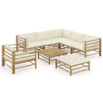 Salon de jardin meuble d'extérieur ensemble de mobilier 8 pièces avec coussins blanc crème bambou 02_0017482
