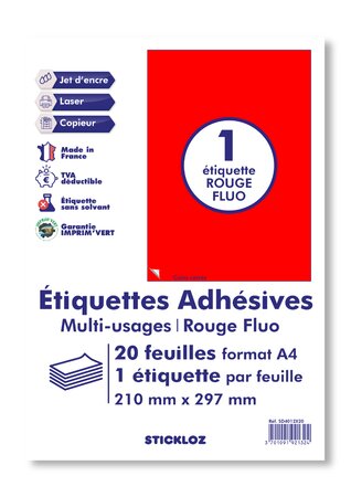 20 planches a4 - 1 étiquette 210 mm x 297 mm autocollantes fluo rouge par planche pour tous types imprimantes - jet d'encre/laser/photocopieuse