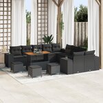 Ensemble de Canapé de Jardin 14 pièces avec Coussins Noir Poly Rotin Acacia