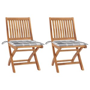 vidaXL Chaises de jardin lot de 2 avec coussins à carreaux gris Teck