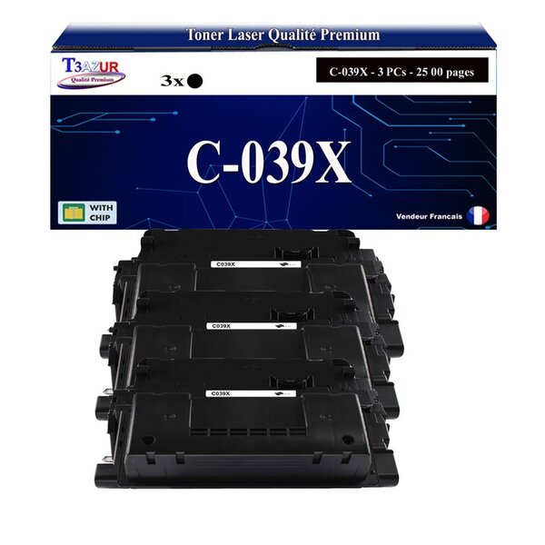 T3AZUR - 3x Toners compatibles avec Canon 039H (0288C001) pour Canon LBP-351x  LBP-352x Noir - 25 000p