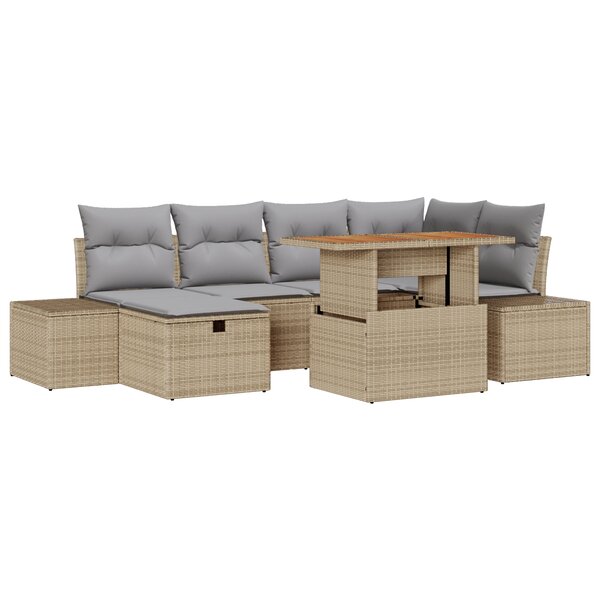 vidaXL Ensemble de Salle à Manger de Jardin de 7 Pièces avec Coussins Beige Poly Rattan Acacia