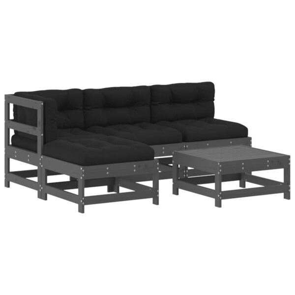 vidaXL Salon de jardin 5 Pièces avec coussins gris bois massif
