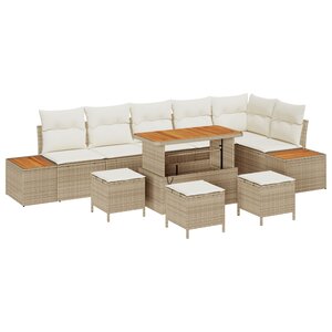Ensemble de Canapés de Jardin 10 Pièces avec Coussins Beige Poly Rattan Acacia