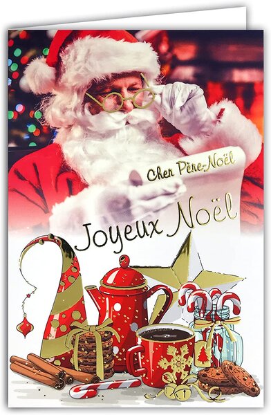 Carte joyeux père noël gourmand lettre étoile en or doré brillant avec enveloppe
