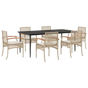 vidaXL Ensemble à manger de jardin et coussins 7 Pièces beige poly rotin