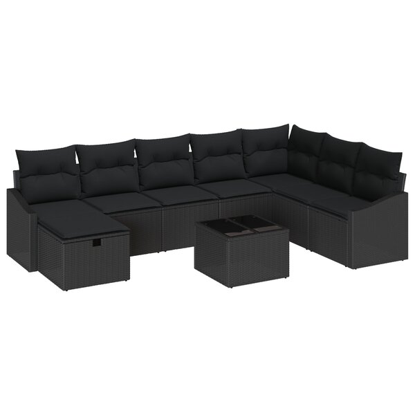 vidaXL Salon de jardin 9 pièces avec des coussins en polyrotin noir.
