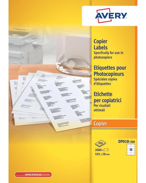 Dp010-200 - 2000 étiquettes adhésives blanches multi usages. 105x58mm. Impression copieur avery