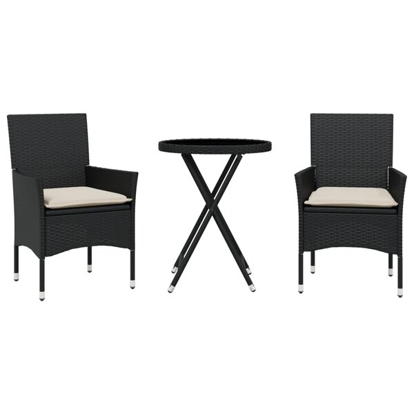 vidaXL Ensemble de bistro avec coussins 3Pièces noir résine tressée verre