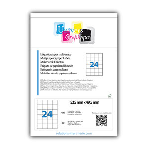 Lot de 20 planches a4 de 24 étiquettes à bords vifs 52 5 x 49 5 mm en papier blanc 70g/m² multifonction