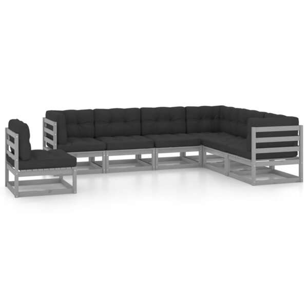 vidaXL Salon de jardin 7 Pièces avec coussins Gris Bois de pin massif