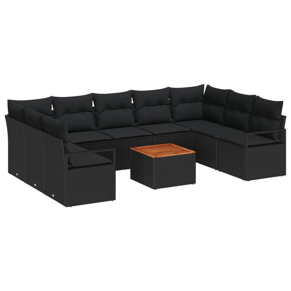 vidaXL Ensemble de canapé de jardin 10 pièces avec des coussins en poly rattan noir et en acacia