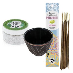 Porte-encens coupelle en fonte noire + sable blanc + Encens indien au Patchouli