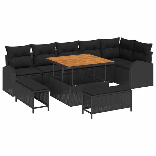 vidaXL Ensemble de canapé de jardin avec coussin 9 Pièces Noir Poly rotin