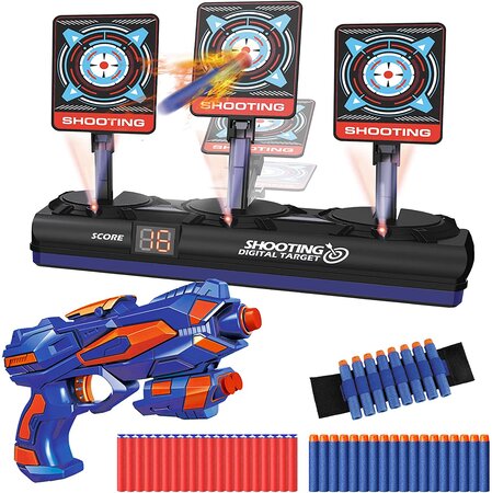 Pistolet avec 40 flèchettes en mousse et 3 cibles électronique bleu orange