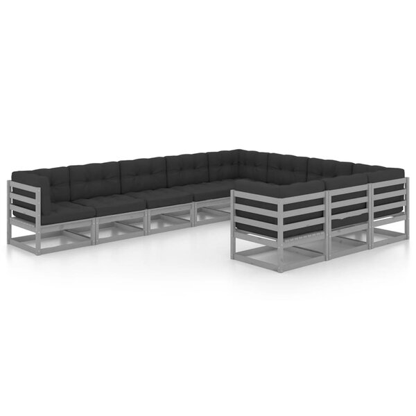 vidaXL Salon de jardin 10 Pièces avec coussins Gris Bois de pin massif