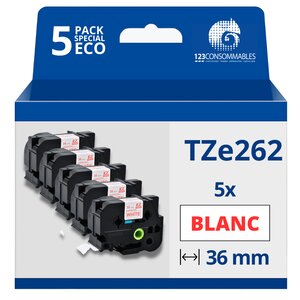 Pack de 5 Rubans compatible avec Brother TZe262- Texte rouge sur fond blanc - Largeur 36 mm x 8 mètres