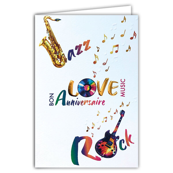 69-3120 Carte Anniversaire Musique Rock Musicien Musicienne Guitare Saxophone Disque Peinture Aquarelle - Finitions Dorure Or Doré + Gaufrage en Relief +1 Enveloppe Format 12x17cm - Fabriqué en Europe
