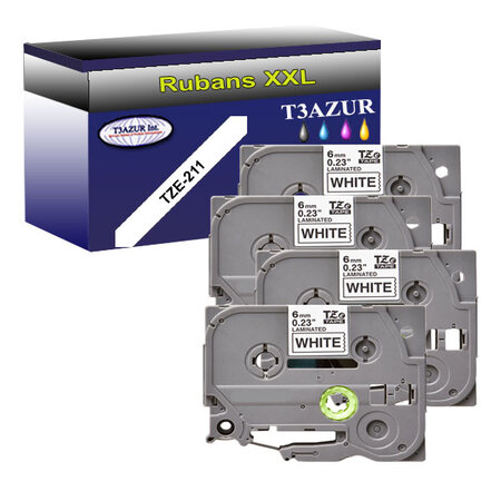 4 x Rubans d'étiquettes laminées générique Brother Tze-211 pour étiqueteuses P-touch - Texte noir sur fond blanc - T3AZUR