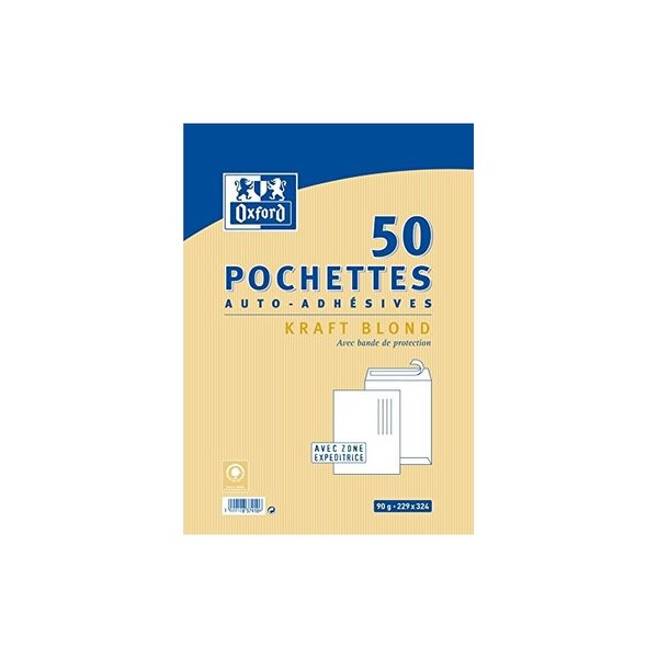 Lot de 50 pochettes Oxford Correspondance, auto adhésives, kraft brun 324x229 90gr