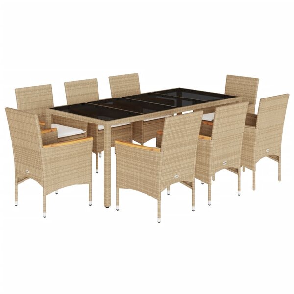 vidaXL Ensemble à manger de jardin et coussins 9 Pièces beige rotin verre