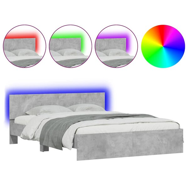 vidaXL Cadre de lit avec tête de lit et LED gris béton 150x200 cm