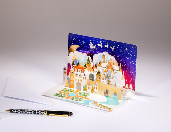 Carte pop'up fin d'année- paysage enneigé et poétique pour souhaiter un joyeux noël ou les vœux de bonne année