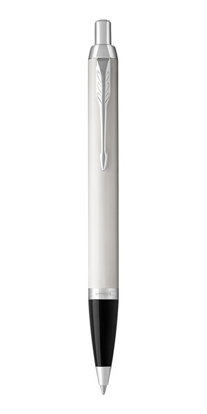 PARKER IM stylo bille, laque blanche, attributs chromés, Recharge bleue pointe moyenne, en écrin