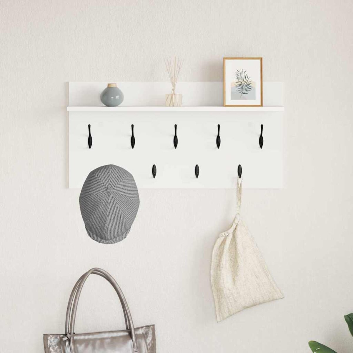 Porte-manteau Mural Blanc Bois Ingénierie 80 Cm - Avec étagère Et Crochets - Rangement Entrée