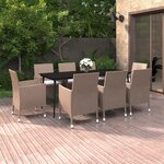 vidaXL Ensemble à manger de jardin coussins 9 Pièces Résine tressée Verre