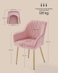 Chaise de salle à manger fauteuil siège rembourrée avec accoudoirs largeur d’assise 49 cm pieds en métal revêtement en velours charge 110 kg pour salon chambre rose 12_0004915