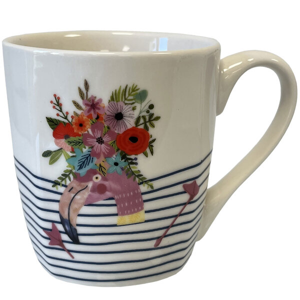 Tasse en céramique blanche rayée flamand rose en coffret cadeau
