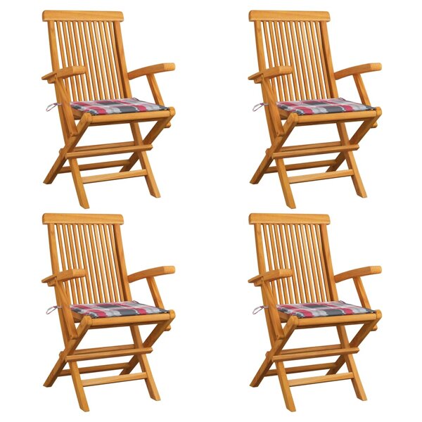 vidaXL Chaises de jardin et coussins à carreaux rouge 4Pièces Teck massif